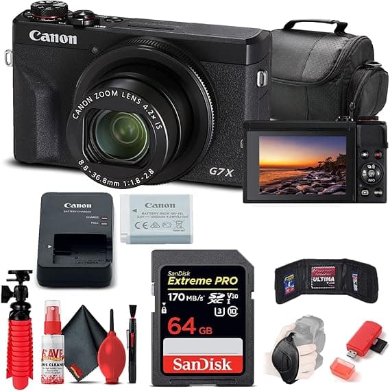 Canon PowerShot G7 X Mark III Digital Camera (Black) (3637C001) + 64GB Memory Card + Card Reader + Deluxe Soft Bag + Flex Tripod + Hand Strap + Memory Wallet + Cleaning Kit (Renewed)