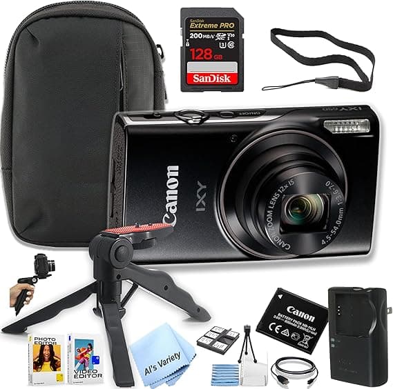 Canon PowerShot IXY 650 (ELPH 360) HS Digital Camera + 128GB Extreme PRO Memory + Case, Grip, Software Pack (Essential Bundle) (Renewed), Black